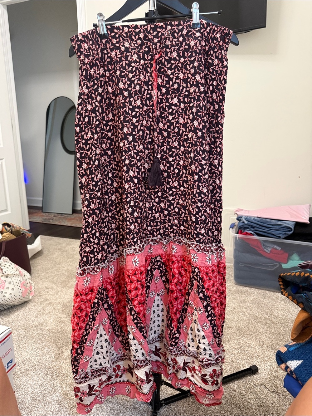 Boho Floral Maxi Skirt in Black and Pink with Tassel Waist